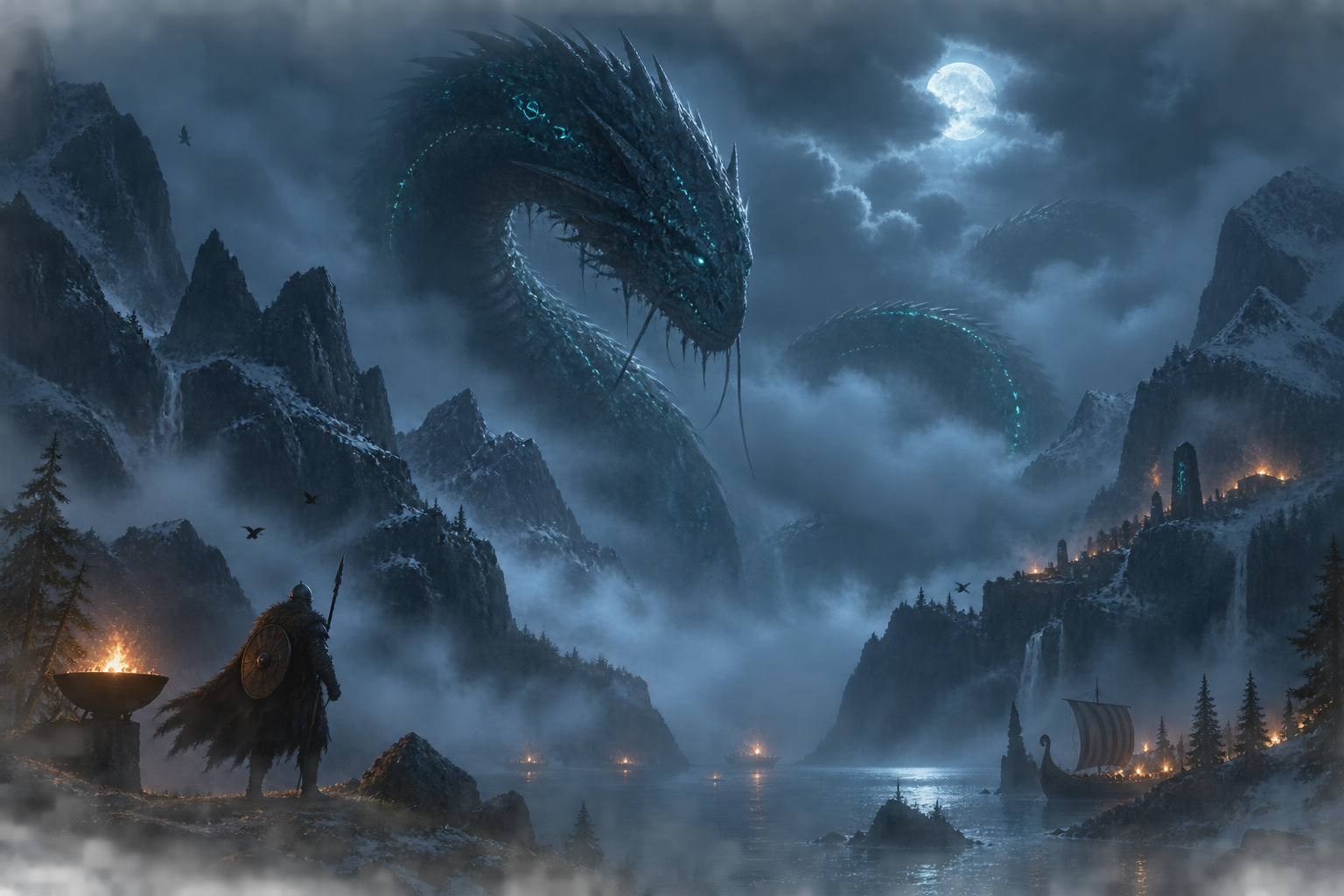 The World Serpent rising over a frozen Norse settlement